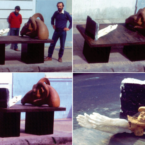 SUPLICANDO AL CARNERO - 1984 - CHAPA DE HIERRO, MÁRMOL, YESO, ACRÍLICO Y BRONCE FUNDIDO - 1,20 m x 2,00 m x 0,90 m