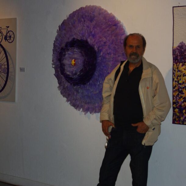 FLOR VIOLETA (DETALLE) - 2012 - PLUMAS DE GANSO TEÑIDAS Y SEMILLA GIGANTE PINTADA - 1,15 m x 1,15 m x 0,45 m - Expuesta en "Violeta Textil Recoleta", Centro Cultural Recoleta, Buenos Aires
