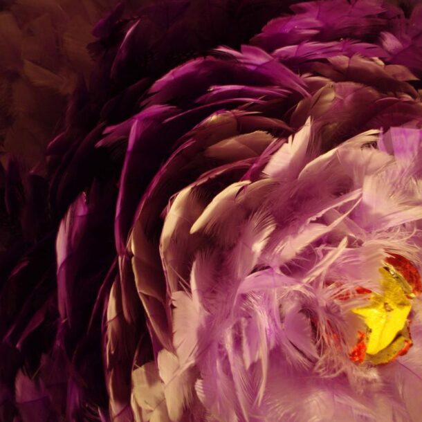 FLOR VIOLETA (DETALLE) - 2012 - PLUMAS DE GANSO TEÑIDAS Y SEMILLA GIGANTE PINTADA - 1,15 m x 1,15 m x 0,45 m - Expuesta en "Violeta Textil Recoleta", Centro Cultural Recoleta, Buenos Aires